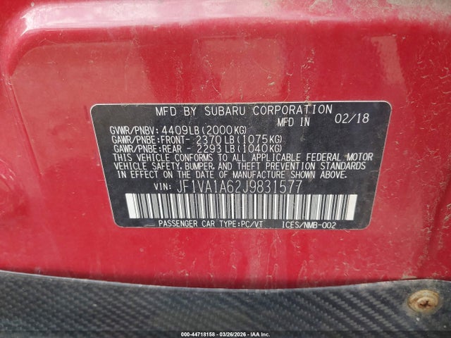 Aukcja sprzedaży 2018 Subaru Wrx, vin: JF1VA1A62J9831577, numer aukcji: 44718158