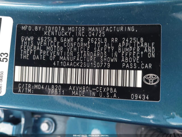 2025 Toyota Camry Xse მანქანა იყიდება აუქციონზე, vin: 4T1DAACK2SU150779, აუქციონის ნომერი: 44718173