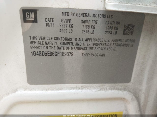 Продажа на аукционе авто 2012 Buick Lacrosse Premium 1 Group, vin: 1G4GD5E36CF189379, номер лота: 44718191