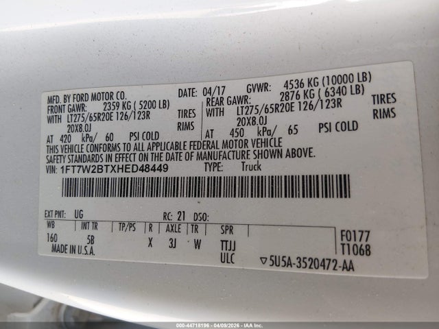 Aukcja sprzedaży 2017 Ford F-250 Lariat, vin: 1FT7W2BTXHED48449, numer aukcji: 44718196
