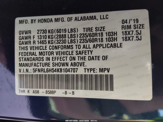 2019 HONDA ODYSSEY 5FNRL6H54KB104707 Photo 8