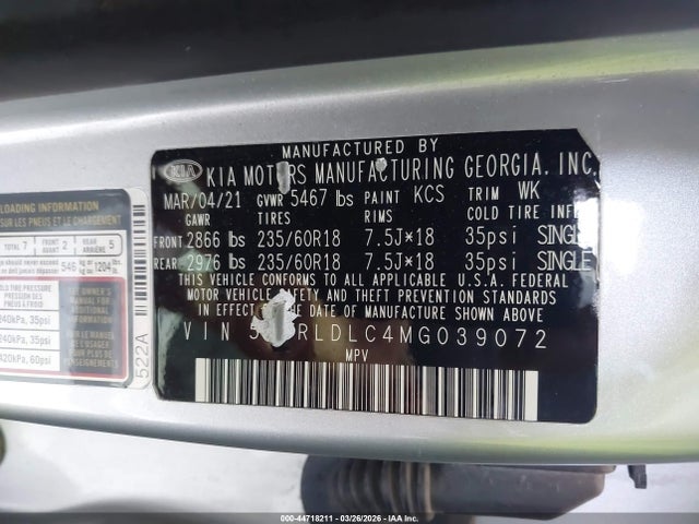 5XYRLDLC4MG039072 KIA SORENTO S