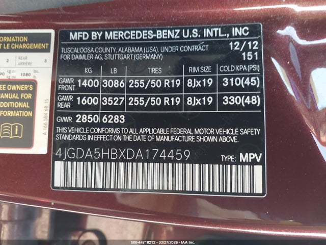 2013 Mercedes-benz Ml 350 4matic მანქანა იყიდება აუქციონზე, vin: 4JGDA5HBXDA174459, აუქციონის ნომერი: 44718212