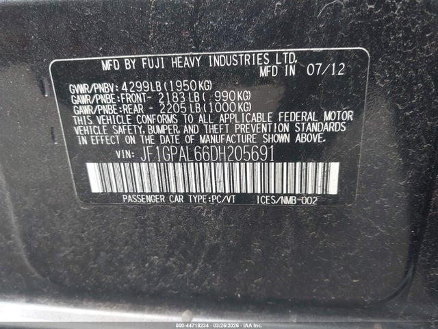 2013 Subaru Impreza 2.0i Sport Premium მანქანა იყიდება აუქციონზე, vin: JF1GPAL66DH205691, აუქციონის ნომერი: 44718234