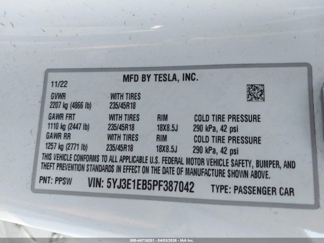 Продаж на аукціоні авто 2023 Tesla Model 3 Long Range Dual Motor All-wheel Drive, vin: 5YJ3E1EB5PF387042, номер лоту: 44718251