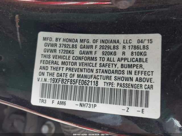 Продаж на аукціоні авто 2015 Honda Civic Ex, vin: 19XFB2F85FE062118, номер лоту: 44718269