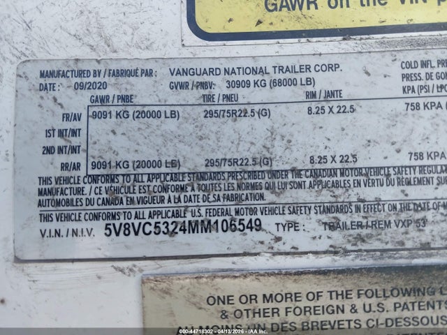 Продажа на аукционе авто 2021 Vanguard National Semi Trailer, vin: 5V8VC5324MM106549, номер лота: 44718302