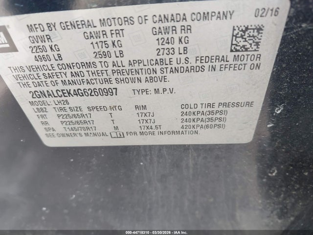 Продаж на аукціоні авто 2016 Chevrolet Equinox Lt, vin: 2GNALCEK4G6260997, номер лоту: 44718310