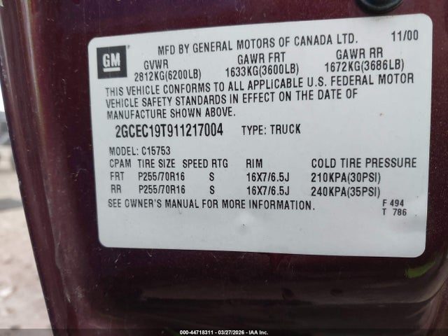 2001 CHEVROLET SILVERADO 1500 2GCEC19T911217004 Photo 8