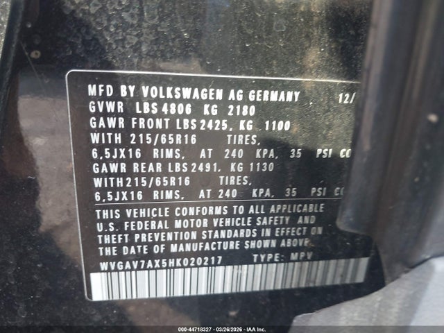 44718327 :رقم المزاد ، WVGAV7AX5HK020217 vin ، 2017 Volkswagen Tiguan مزاد بيع