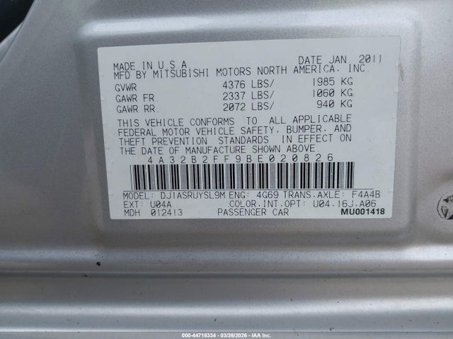 2011 MITSUBISHI GALANT 4A32B2FF9BE020826 Photo 8