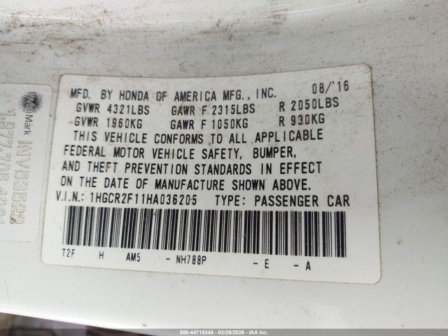 1HGCR2F11HA036205 Honda Accord Sport Se