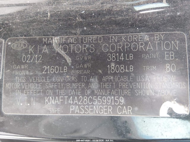 2012 Kia Forte Lx მანქანა იყიდება აუქციონზე, vin: KNAFT4A28C5599159, აუქციონის ნომერი: 44718351