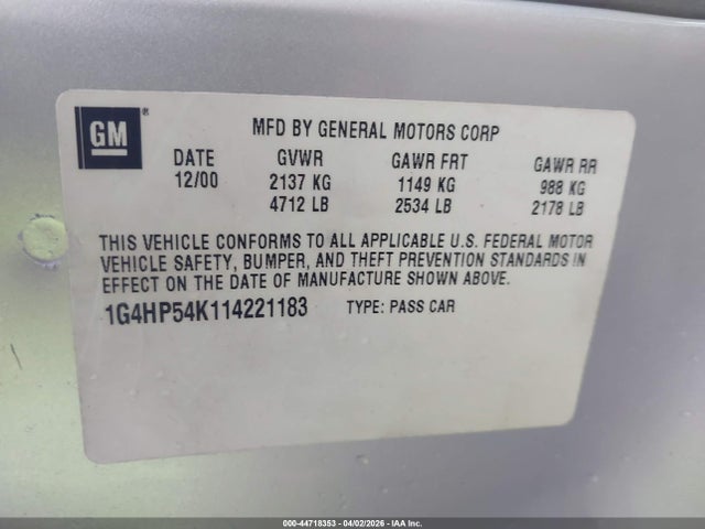 2001 Buick Lesabre Custom მანქანა იყიდება აუქციონზე, vin: 1G4HP54K114221183, აუქციონის ნომერი: 44718353