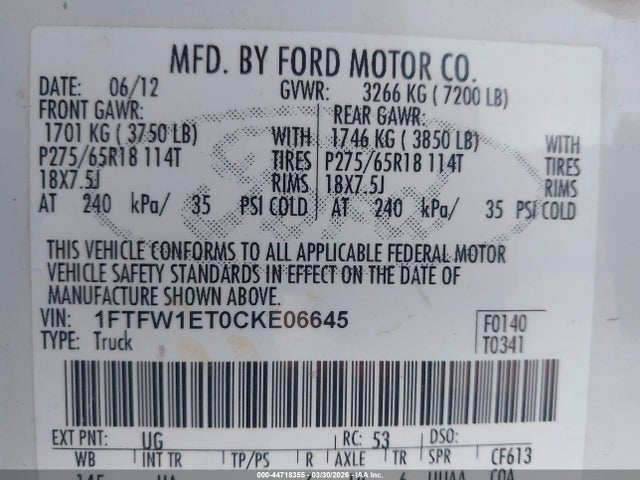 Aukcja sprzedaży 2012 Ford F-150 Lariat, vin: 1FTFW1ET0CKE06645, numer aukcji: 44718355