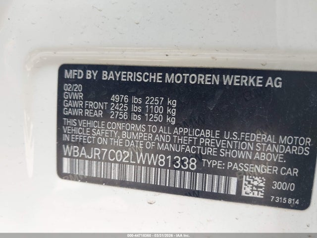 Aukcja sprzedaży 2020 Bmw 530i Xdrive, vin: WBAJR7C02LWW81338, numer aukcji: 44718360