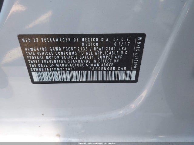 44718365 :رقم المزاد ، 3VWDB7AJ1HM312037 vin ، 2017 Volkswagen Jetta 1.4t Se مزاد بيع