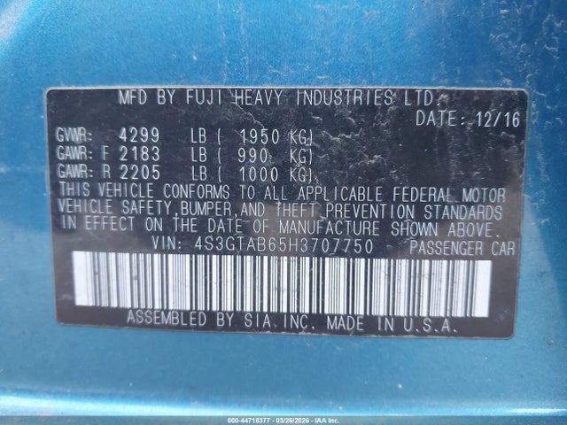 Aukcja sprzedaży 2017 Subaru Impreza Premium, vin: 4S3GTAB65H3707750, numer aukcji: 44718377