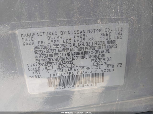 Auction sale of the 2024 Nissan Kicks Sv Xtronic Cvt, vin: 3N1CP5CV8RL546335, lot number: 44718382