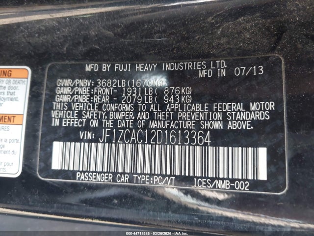 Aukcja sprzedaży 2013 Subaru Brz Limited, vin: JF1ZCAC12D1613364, numer aukcji: 44718386