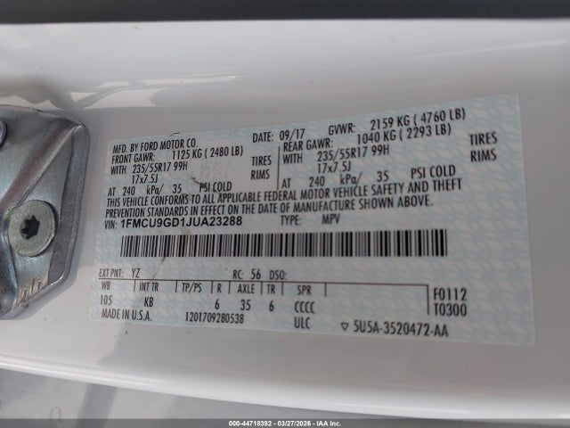 1FMCU9GD1JUA23288 Ford ESCAPE SE