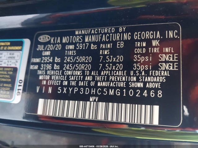 Aukcja sprzedaży 2021 Kia Telluride Ex, vin: 5XYP3DHC5MG102468, numer aukcji: 44718406