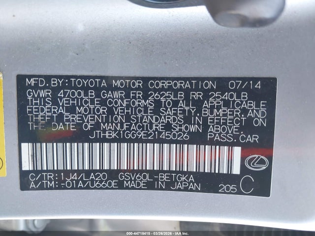 2014 Lexus Es 350 მანქანა იყიდება აუქციონზე, vin: JTHBK1GG9E2145026, აუქციონის ნომერი: 44718415