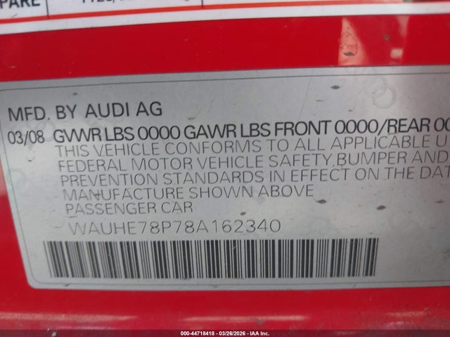 Aukcja sprzedaży 2008 Audi A3 2.0t, vin: WAUHE78P78A162340, numer aukcji: 44718418