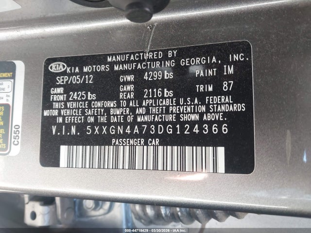 44718429 :رقم المزاد ، 5XXGN4A73DG124366 vin ، 2013 Kia Optima Ex مزاد بيع