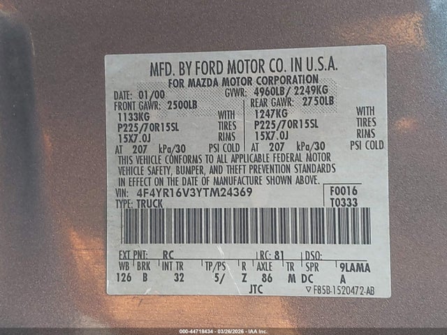 Продажа на аукционе авто 2000 Mazda B3000 Se/tl, vin: 4F4YR16V3YTM24369, номер лота: 44718434