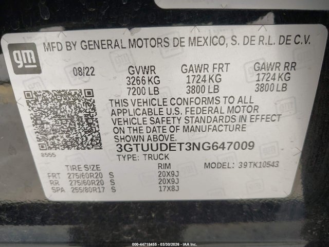 Продаж на аукціоні авто 2022 Gmc Sierra 1500 4wd  Short Box Slt, vin: 3GTUUDET3NG647009, номер лоту: 44718455