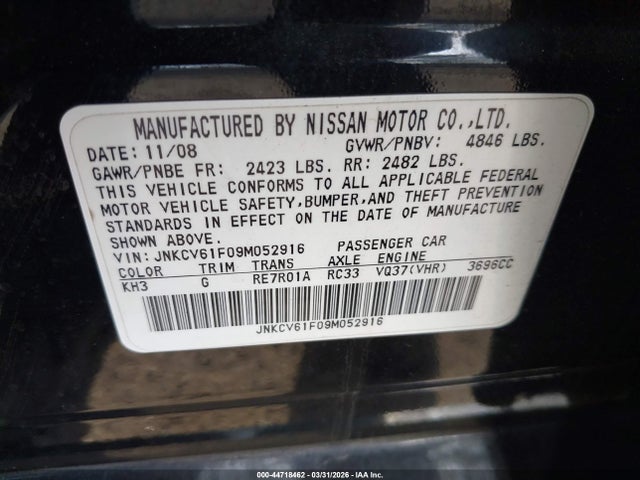 Aukcja sprzedaży 2009 Infiniti G37x, vin: JNKCV61F09M052916, numer aukcji: 44718462
