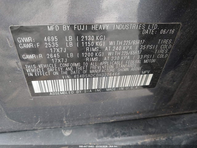 44718463 :رقم المزاد ، 4S4BSADC0H3206468 vin ، 2017 Subaru Outback 2.5i Premium مزاد بيع