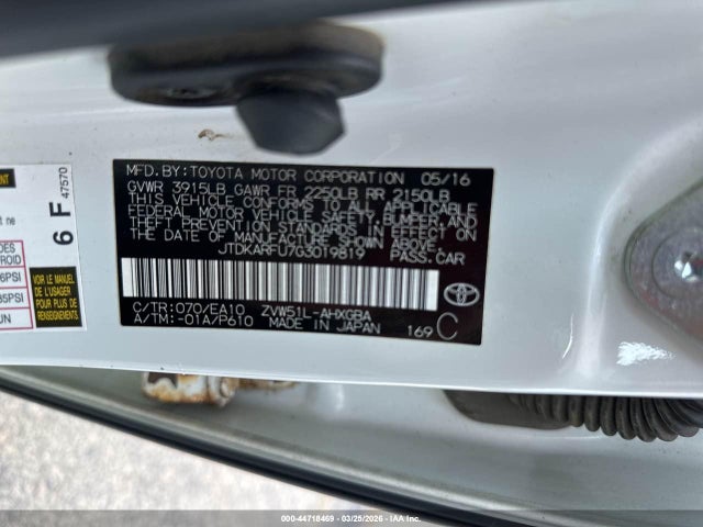 Aukcja sprzedaży 2016 Toyota Prius Four, vin: JTDKARFU7G3019819, numer aukcji: 44718469