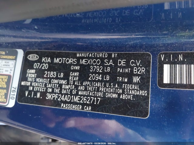 2021 Kia Forte Lxs მანქანა იყიდება აუქციონზე, vin: 3KPF24AD1ME262717, აუქციონის ნომერი: 44718478