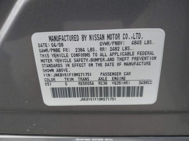 44718483 :رقم المزاد ، JNKBV61F18M271751 vin ، 2008 Infiniti G35x مزاد بيع
