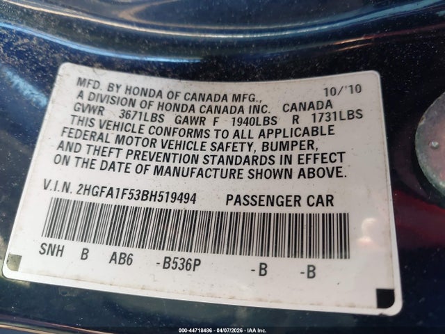 Aukcja sprzedaży 2011 Honda Civic Lx, vin: 2HGFA1F53BH519494, numer aukcji: 44718486