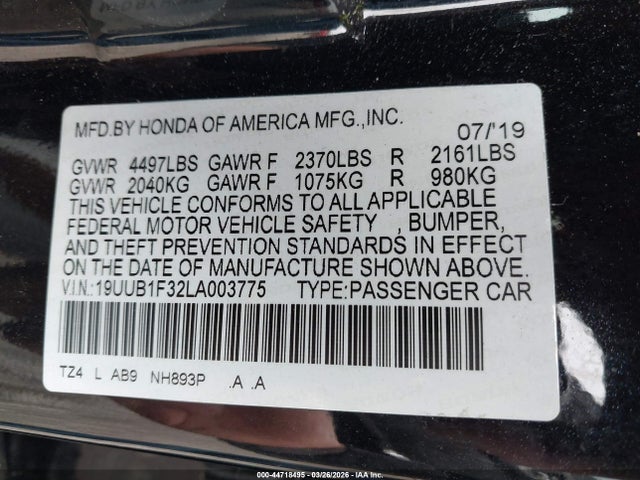 Продаж на аукціоні авто 2020 Acura Tlx Standard, vin: 19UUB1F32LA003775, номер лоту: 44718495