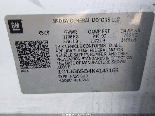 44718517 :رقم المزاد ، 1G1JG6SB4K4143166 vin ، 2019 Chevrolet Sonic Lt Auto مزاد بيع