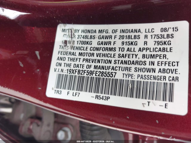Honda Civic Lx 2015 19XFB2F59FE285557 Image 9