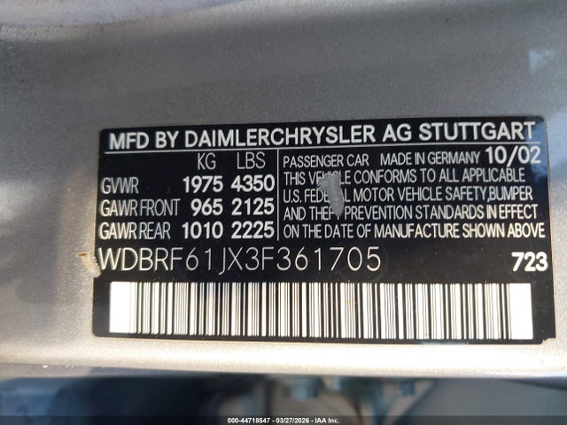 44718547 :رقم المزاد ، WDBRF61JX3F361705 vin ، 2003 Mercedes-benz C 240 مزاد بيع