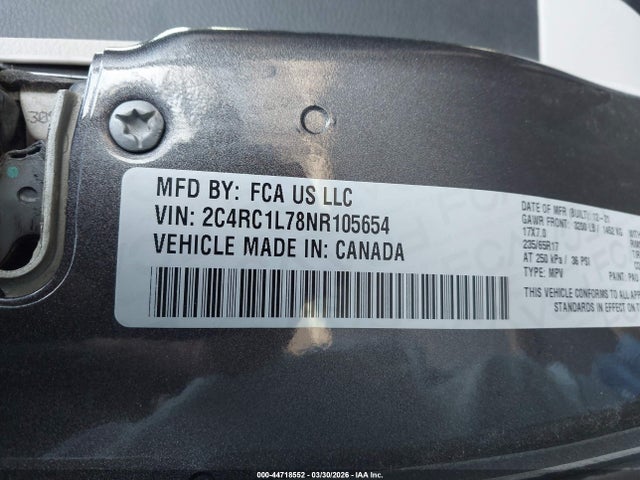 2022 Chrysler Pacifica Hybrid Touring L მანქანა იყიდება აუქციონზე, vin: 2C4RC1L78NR105654, აუქციონის ნომერი: 44718552