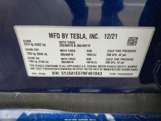 Aukcja sprzedaży 2022 Tesla Model S Dual Motor All-wheel Drive, vin: 5YJSA1E57NF461043, numer aukcji: 44718559