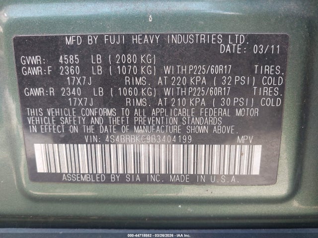 44718582 :رقم المزاد ، 4S4BRBKC9B3404199 vin ، 2011 Subaru Outback 2.5i Limited مزاد بيع