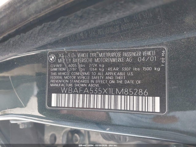 44718594 :رقم المزاد ، WBAFA535X1LM85286 vin ، 2001 Bmw X5 3.0 مزاد بيع