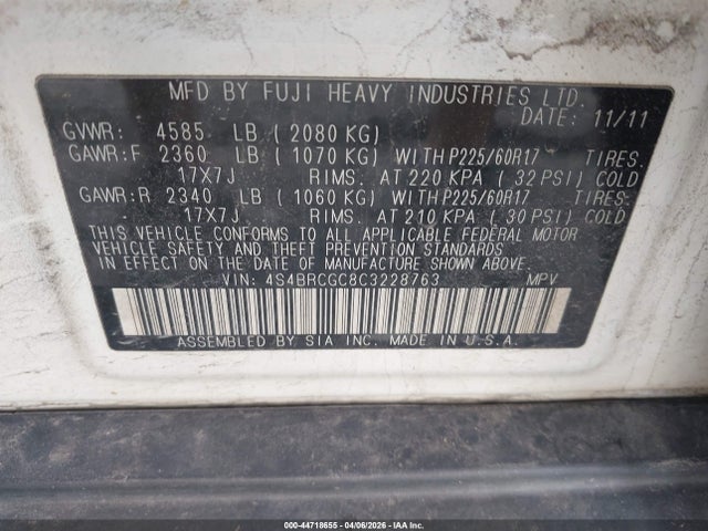 44718655 :رقم المزاد ، 4S4BRCGC8C3228763 vin ، 2012 Subaru Outback 2.5i Premium مزاد بيع