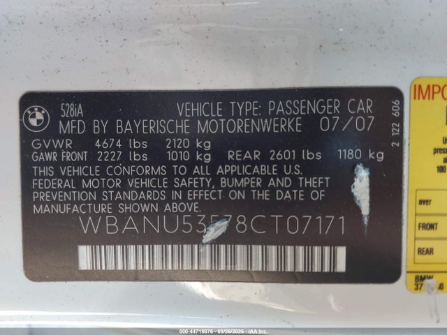 Продаж на аукціоні авто 2008 Bmw 528i, vin: WBANU53578CT07171, номер лоту: 44718676