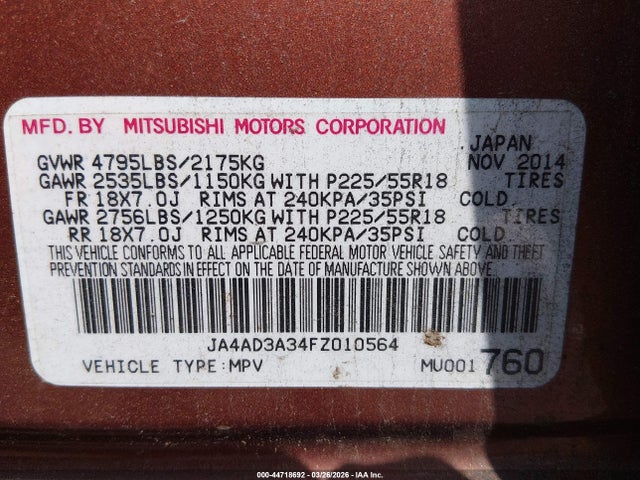 Mitsubishi Outlander Se 2015 JA4AD3A34FZ010564 Image 9