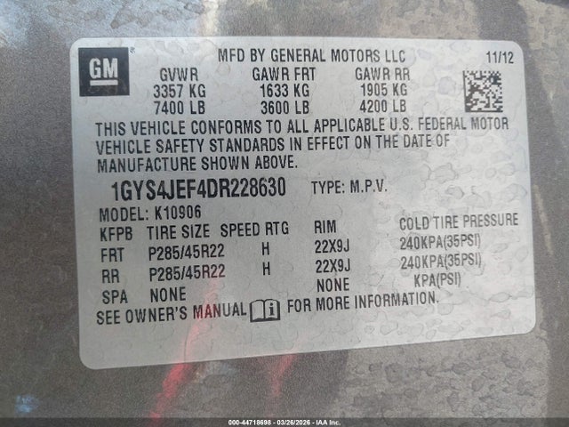 44718698 :رقم المزاد ، 1GYS4JEF4DR228630 vin ، 2013 Cadillac Escalade Esv Premium مزاد بيع