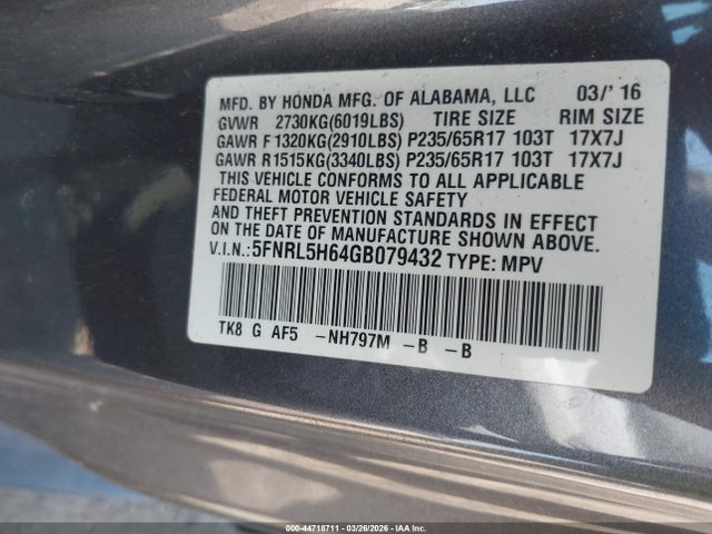 5FNRL5H64GB079432 Honda Odyssey Ex-l